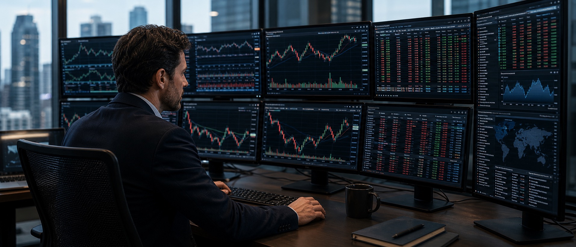 Multi-screen trading terminal showing live equity data and charts